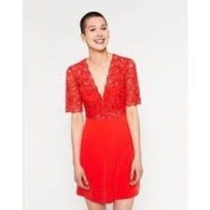 ZARA RED LACE CUT OUT SHORT SLEEVE SKATER MINI DRESS - M